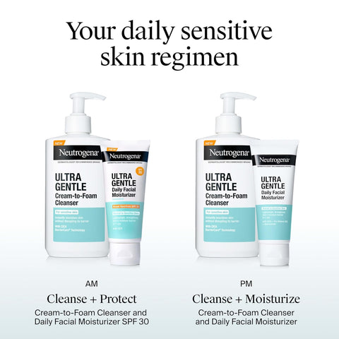 Neutrogena Ultra Gentle Daily Facial Moisturizer with SPF 30 Sunscreen with CICA,Lightweight Face Lotion-with Broad Spectrum SPF 30 for Normal to Sensitive Skin,Fragrance-Free,3.4 fl. oz,(Pack of 2)