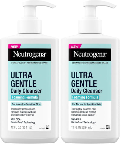 Neutrogena Ultra Gentle Foaming Facial Cleanser, Daily Face Wash for Sensitive Skin, Gently Removes Dirt, Oil & Makeup Without Over-Drying, Fragrance-Free, 12 fl. Oz (Pack of 2)