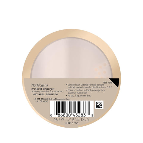 Neutrogena Mineral Sheers Foundation, Loose Powder, Sheer to Medium Coverage | With Vitamins A, C & E | Tone Enhancer | Natural Beige | .19 oz