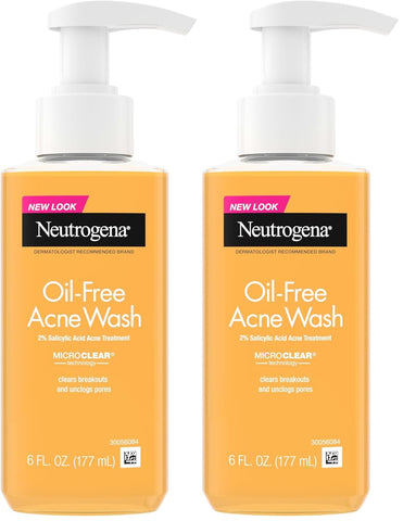 Neutrogena Oil-Free Acne Face Wash, Breakout Prone Skin Facial Cleanser with 2% Salicylic Acid Acne Treatment for Face, 6 fl. Oz, (Pack of 2)