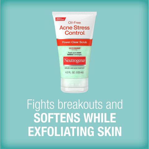 Neutrogena Oil-Free Acne Stress Control Power-Clear Scrub, 2% Salicylic Acid for Acne-Prone Skin, Exfoliating Daily Facial Scrub, 4.2 fl. oz