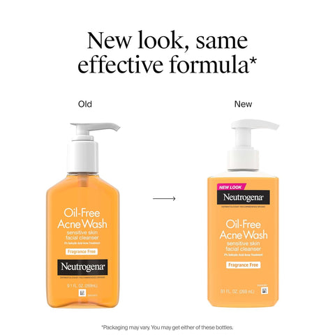 Neutrogena Oil-Free Acne Face Wash, Fragrance Free, Sensitive Skin Facial Cleanser with 2% Salicylic Acid Acne Treatment for Face, 9.1 Fl Oz,(Pack of 2)