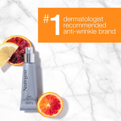 Neutrogena Rapid Tone Repair Retinol + Vitamin C Dark Spot Corrector Face Serum, Daily Anti-Wrinkle Dark Spot Corrector to Brighten & Even Tone, Mineral-Oil & Dye-Free, White, 1 oz