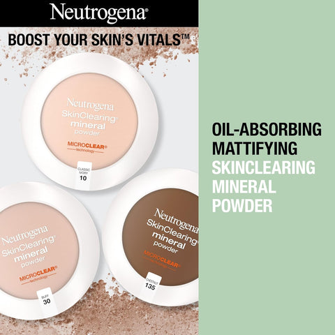 Neutrogena SkinClearing Pressed Mineral Powder Compact for Acne Prone Skin, Oil Absorbing Acne Makeup with Salicylic Acid helps to Cover, Treat & Prevent Breakouts, Chestnut 135,. 38 oz