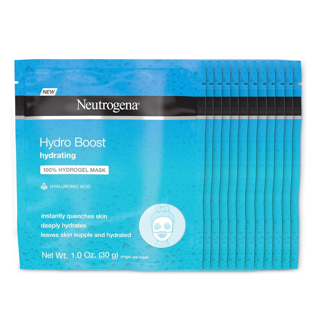 Neutrogena Hydro Boost Hydrating 100% Hydrogel Sheet Mask for Face, Moisturizing Gel Face Mask with Hyaluronic Acid for Dry Skin, Gentle, Non-Comedogenic, 1 oz, Pack of 12