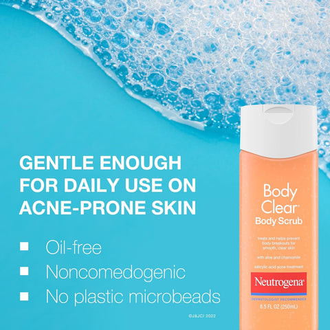 Neutrogena Body Clear Acne Body Wash and Exfoliating Body Scrub, 2% Salicylic Acid Cleanser, Chest, Shoulder & Back Acne Treatment, Non-Comedogenic, Oil-Free Shower Gel, 8.5 fl oz