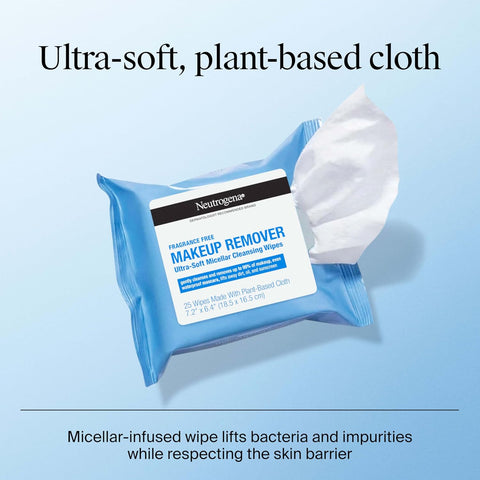 Neutrogena Fragrance-Free Makeup Remover Wipes, Daily Facial Cleanser Towelettes, Gently Removes Oil & Makeup, Alcohol-Free Makeup Wipes, 50 Count (2 Packs of 25)