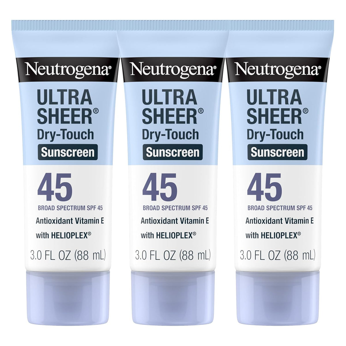 Neutrogena Ultra Sheer Dry-Touch Sunscreen For Face & Body, SPF 45 Broad Spectrum UVA/UVB Protection, Lightweight Water Resistant & Non-Greasy, Travel Size Sunscreen, 3 fl. oz Pack of 3