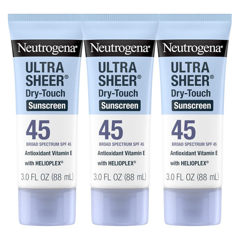 Neutrogena Ultra Sheer Dry-Touch Sunscreen For Face & Body, SPF 45 Broad Spectrum UVA/UVB Protection, Lightweight Water Resistant & Non-Greasy, Travel Size Sunscreen, 3 fl. oz Pack of 3