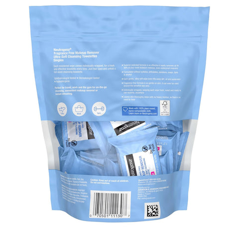 Neutrogena Fragrance-Free Makeup Remover Wipes Singles, Individually Wrapped Face Towelettes, Gently Remove Dirt, Oil, Waterproof Mascara & Makeup, Alcohol-Free Daily Face Wipes for Travel, 20 ct