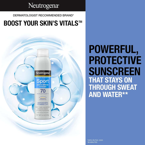 Neutrogena Sport Active Defense SPF 70 Sunscreen Spray, Sweat & Water Resistant Spray Sunscreen with Broad Spectrum Protection for Sunburn Prevention, Oxybenzone-Free, Twin Pack, 5 oz, 2 Pack