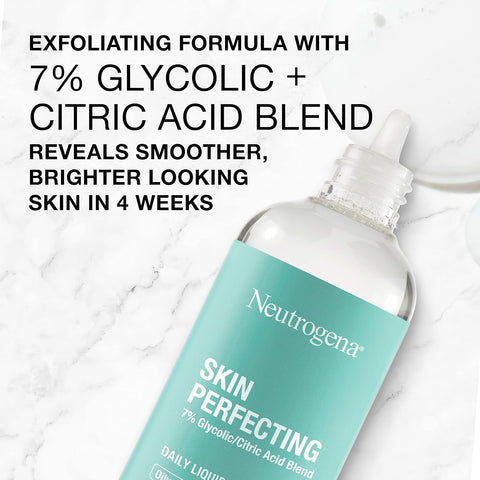 Neutrogena Skin Perfecting Daily Liquid Facial Exfoliant with 7% Glycolic/Citric Acid Blend for Oily Skin, Smoothing & Clarifying Leave-On Face Exfoliator, Oil- & Fragrance-Free, 4 fl. oz