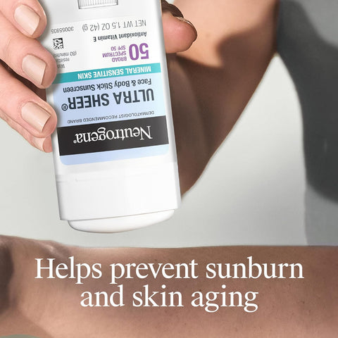 Neutrogena Ultra Sheer Dry Touch SPF 50 Mineral Sunscreen Stick for Sensitive Skin, Zinc Oxide, Body & Face Sunscreen with Vitamin E, No White Residue & Vegan, 1.5 oz