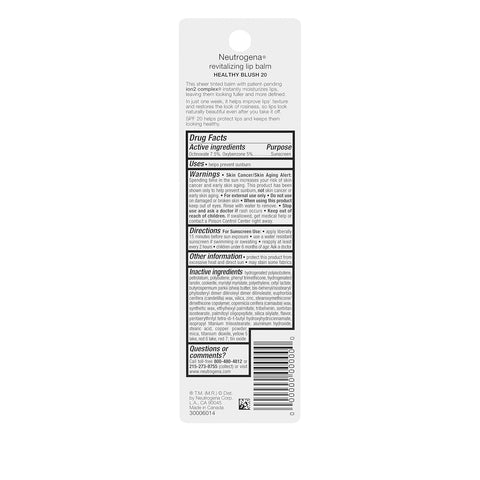 Neutrogena Revitalizing and Moisturizing Tinted Lip Balm with Sun Protective Broad Spectrum SPF 20 Sunscreen, Lip Soothing Balm with a Sheer Tint in Color Healthy Blush 20, 15 oz (Pack of 2)