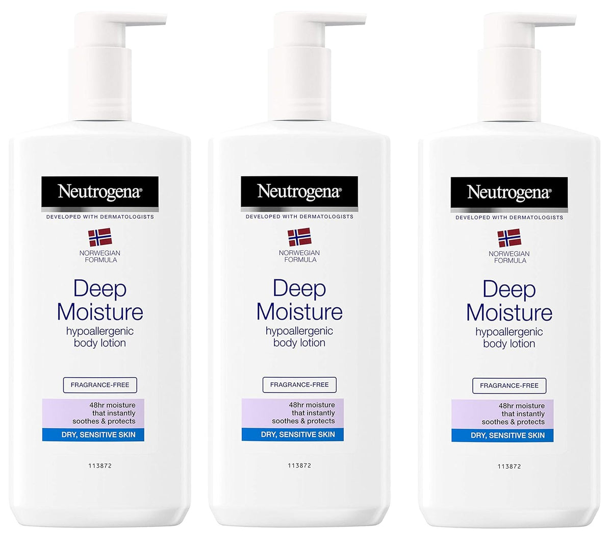 NEUTROGENA Norwegian Formula Deep Moisture Hypoallergenic Body Lotion (Pack of 3) For Dry Skin - (13.5oz or 400ml)