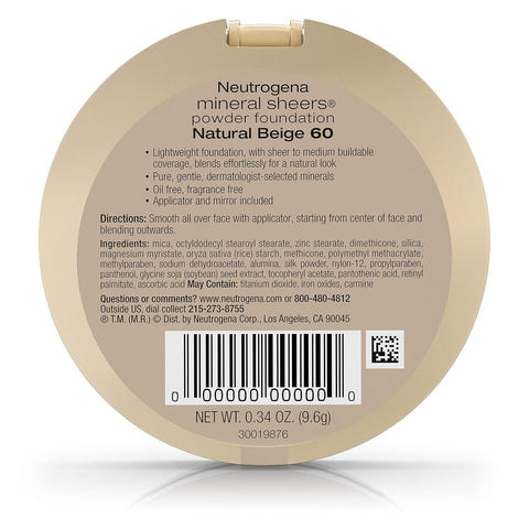 Neutrogena Mineral Sheers Powder Foundation, Natural Beige 60, 0.34 Ounce
